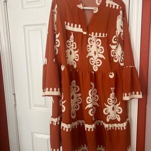 Chic Rust and Cream Long Sleeve Dress